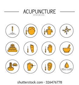 Collection of vector icons dedicated to traditional Chinese medicine, acupuncture. a method of stimulation of certain points on the body with needles. Alternative medicine