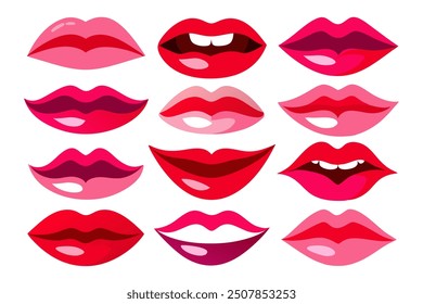 A collection of vector icons depicting different styles of women's lips. Ideal for use in beauty-related designs, fashion projects, and cosmetic content