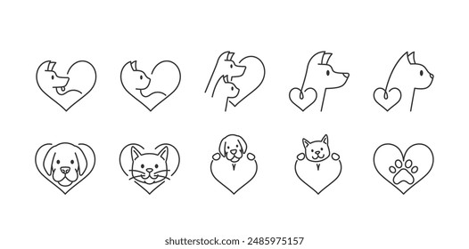 Iconos Vectoriales De colección Que Representan Perros Y Gatos En Formas De Corazón, Simbolizando El Amor Por Los Animales. Arte De Línea Limpio Y Simple