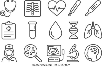 A collection of vector icons depicting essential medical elements, including pills, syringes, band-aids, and other healthcare items. This illustration conveys health and wellness themes.