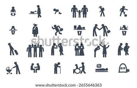 A collection of vector icons depicting the human life cycle in stick figure style