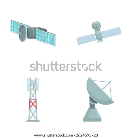 Collection of vector icons depicting satellite technology and communication devices in a flat style