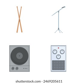 Collection of vector icons depicting studio gear including microphones, drums, and speakers