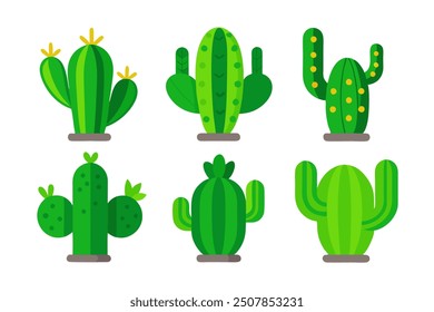 A collection of vector icons depicting various types of green cacti. Perfect for use in desert-themed designs, botanical content, and nature projects
