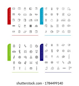 Collection of vector icons. Different icons of books, science, renewable energy and viruses. Modern linear image.