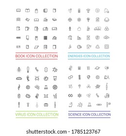 Collection of vector icons. Different icons of books, science, renewable energy and viruses. Modern linear image.