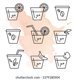 Collection of vector icons with different drinks. Set with cups of lemonades, coffee, tea, juice, fruit drinks. Icon style, flat line, line art. Watercolor background