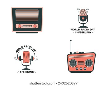 Collection of vector icons of DJ, music studio host, podcast. Vector illustration for World Radio Day. Colored radio station logo