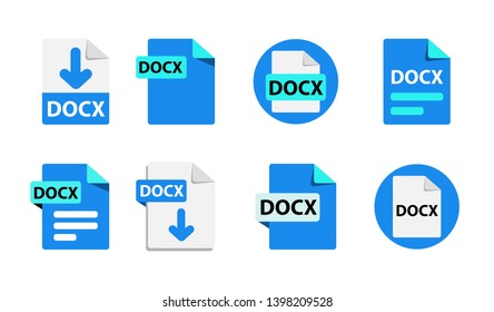 Collection of vector icons DOCx. File format extensions icons. 8 different design options. Circle buttons. flat design style