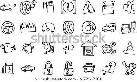 A collection of vector icons in a doodle style, themed around car services and dashboards.