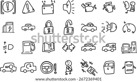 A collection of vector icons in a doodle style, themed around car services and dashboards.