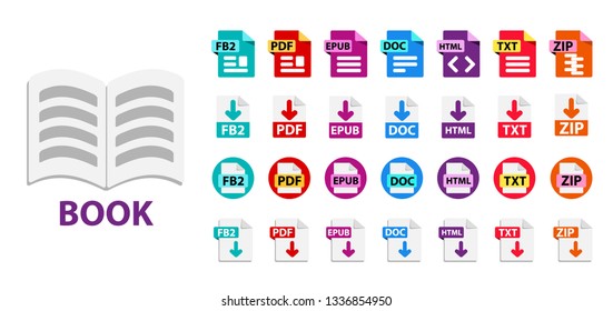 Collection of vector icons for e-book. File format extensions icons. FB2, EPUB, PDF, DOC, HTML, TXT, ZIP. Circle buttons. flat design style