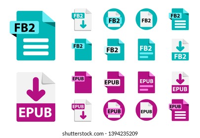 Collection of vector icons for e-book. File format extensions icons. FB2, EPUB. Circle buttons. flat design style