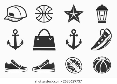 Collection of vector icons featuring basketball anchor star sneakers and other lifestyle symbols