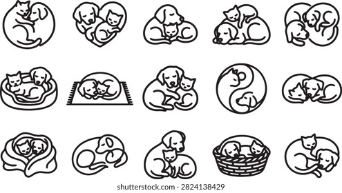 Collection of vector icons featuring dogs and cats lovingly cuddling and sleeping together. Various poses include a heart shape, circles, and baskets, emphasizing companionship and warmth.