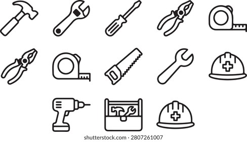 Collection of vector icons featuring essential tools and safety equipment for construction and repair work.