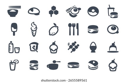 Una colección de iconos vectoriales con alimentos y bebidas.