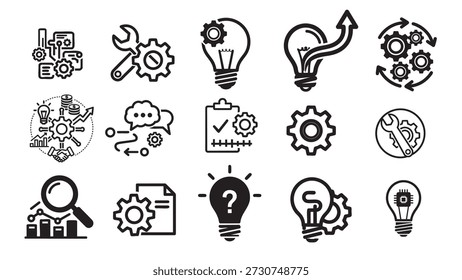 A collection of vector icons featuring gears, light bulbs, and other creative elements, ideal for design projects, web banners, and infographics.