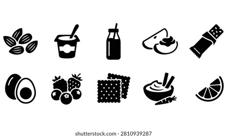 Collection of vector icons featuring healthy snack options including nuts yogurt drinks apple slices energy bars boiled eggs mixed berries crackers vegetable dip and orange segments designed for nutritional programs diet apps and healthy eating lifestyle concepts with flat minimalist style.