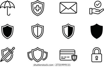 Una colección de iconos vectoriales con siluetas de seguridad y protección en un diseño limpio