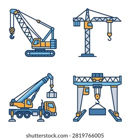 A collection of vector icons featuring various types of construction cranes including crawler crane, tower crane, mobile truck crane, and gantry crane.