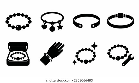 Collection of vector icons featuring various styles of bracelets, bangles, charm jewelry, and gift packaging suitable for fashion and accessories designs.