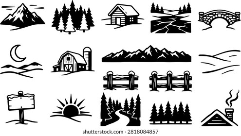 A collection of vector icons featuring winter landscape elements including mountains, pine forests, cabins, barns, fences, a bridge, and sun and moon scenes.
