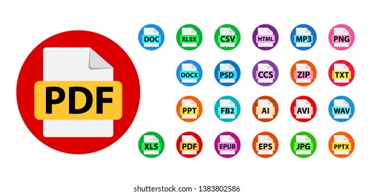 Collection of vector icons. File format extensions icons. PDF, DOC, JPG, PSD, MP3, TXT, DOC, DOCx, ZIP, PPT, XLS.
