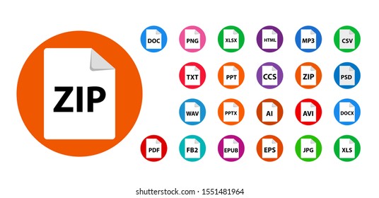 Collection of vector icons. File format extensions icons. PDF, MP3, TXT, DOC, DOCx, ZIP, PPTx, XLSx, JPG, PSD, fb2, AVI.
