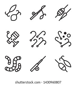 Collection of vector icons for fishing in the style of line art. Fishing accessories. Flat line style