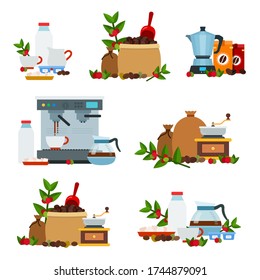 Collection of vector icons flat style on coffee theme.