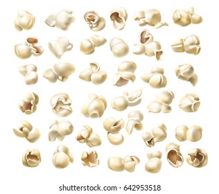 Collection of vector icons of fluffy macro popcorn in a realistic style isolated on white background