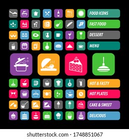 Collection of vector icons. Food icon set. Kitchen utensils, food, desserts and sweets. Fun buttons.