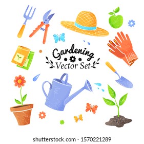 Collection of vector icons of gardening items isolated on white background.