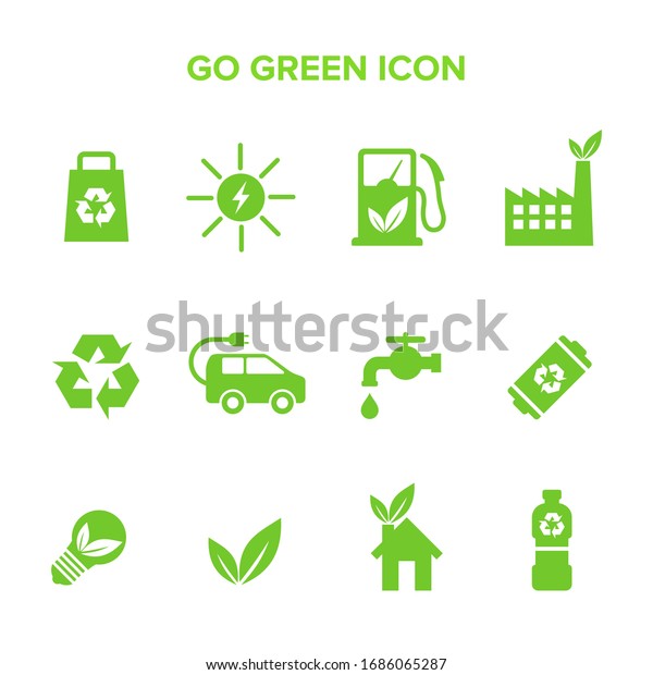 A collection of vector icons from the go green\
campaign movement. Suitable for design elements of the movement to\
preserve nature, reduce pollution and renewable energy. Go green\
campaign symbol