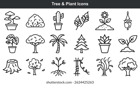 Collection of vector icons illustrating different types of trees plants and nature elements