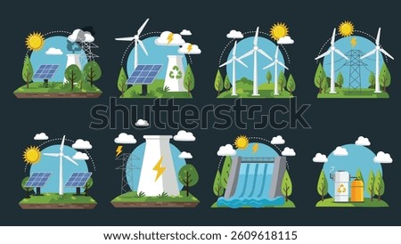 Collection of vector icons illustrating diverse renewable energy sources in circular designs against a dark background. This set includes icons depicting solar, wind, hydroelectric