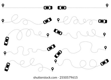 Una colección de iconos vectoriales que ilustran la ruta de conducción de un automóvil con un punto de partida y una trayectoria a lo largo de una línea de puntos.