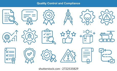 Coleção de ícones vetoriais que ilustram o controle de qualidade e conformidade, perfeito para demonstrar a garantia, certificação, inspeção e processos operacionais padrão em diversos setores e serviços.