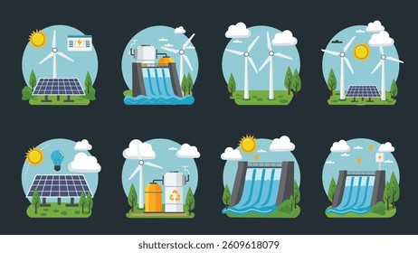 Collection of vector icons illustrating various sources of renewable energy in a clean, circular design. This set includes icons representing solar energy, wind power, hydroelectric power