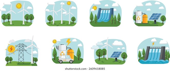 Collection of vector icons illustrating various renewable energy sources. This set includes visually distinct icons representing wind power, solar energy, hydroelectric power