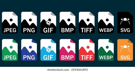 Collection of vector icons for image file formats (JPG, PNG, GIF, BMP, TIFF, WEBP, SVG). Ideal for UI and UX, web, and graphic design projects.