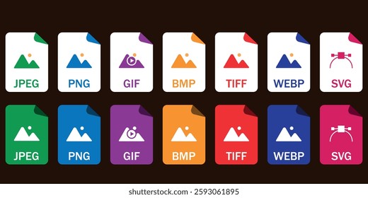 Collection of vector icons for image file formats (JPG, PNG, GIF, BMP, TIFF, WEBP, SVG). Ideal for UI and UX, web, and graphic design projects.