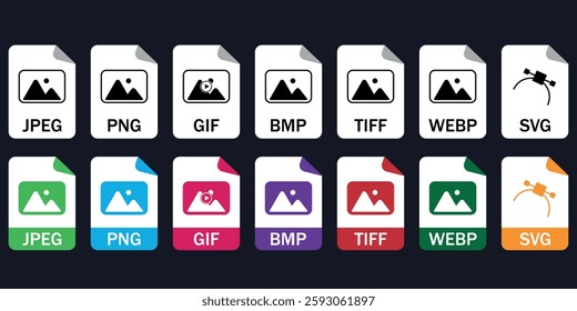 Collection of vector icons for image file formats (JPG, PNG, GIF, BMP, TIFF, WEBP, SVG). Ideal for UI and UX, web, and graphic design projects.