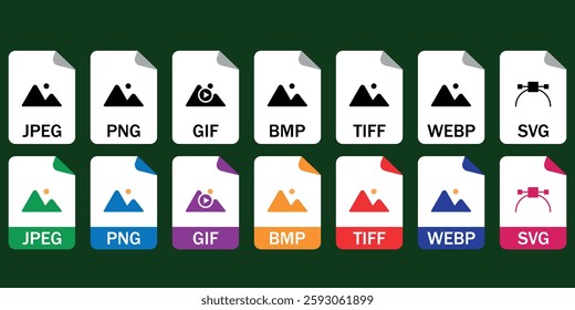 Collection of vector icons for image file formats (JPG, PNG, GIF, BMP, TIFF, WEBP, SVG). Ideal for UI and UX, web, and graphic design projects.