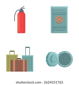 Colección de iconos vectoriales que incluyen un extintor de incendios, puerta de la bóveda y conjunto de equipaje
