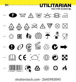 Collection of vector icons inspired by clothing care labels, recycle symbols, warning signs and packaging stickers. Brutalist and utilitarian style for modern design use. Vector EPS10. 

