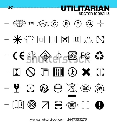 Collection of vector icons inspired by clothing care labels, recycle symbols, warning signs and packaging stickers. Brutalist and utilitarian style for modern design use. Vector EPS10. 


