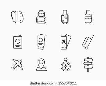 Collection of vector icons and linear illustrations on a white background. Template design for travel, weekend and summer vacation. Set