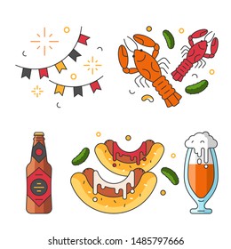 Collection of vector icons in linear style for oktoberfest beer festival in germany. Celebration flags and beer snacks with mug isolated. Pub elements flat outline illustrations.